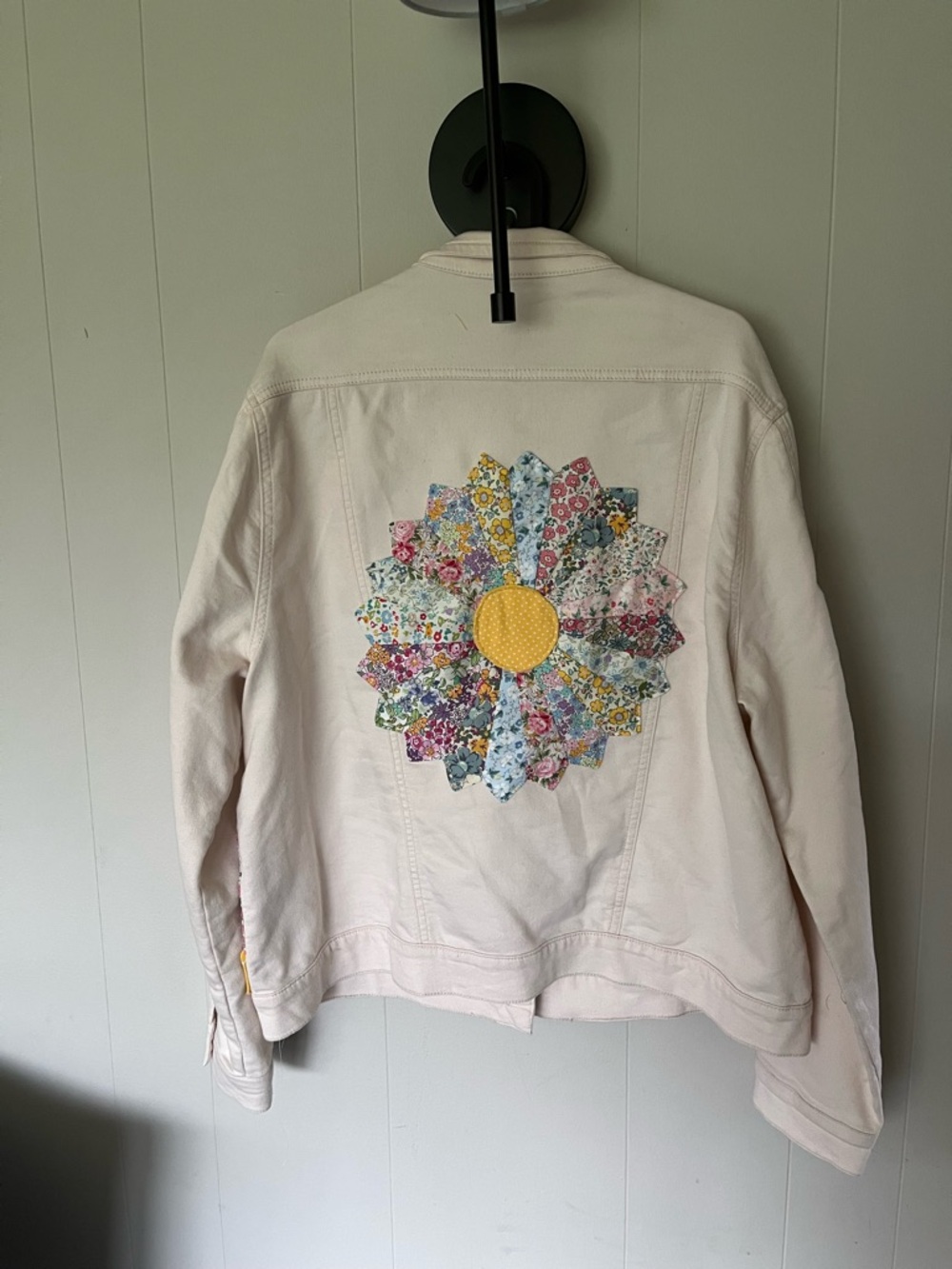 Cream Floral Patchwork Denim Jacket with Embroidered Sunburst